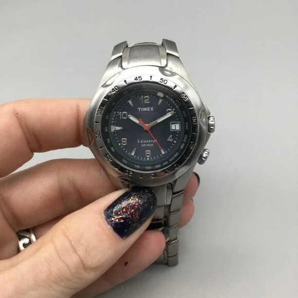 Timex Watch Men I-Control 39mm Silver Tone Black Dial Date New Battery 7.75